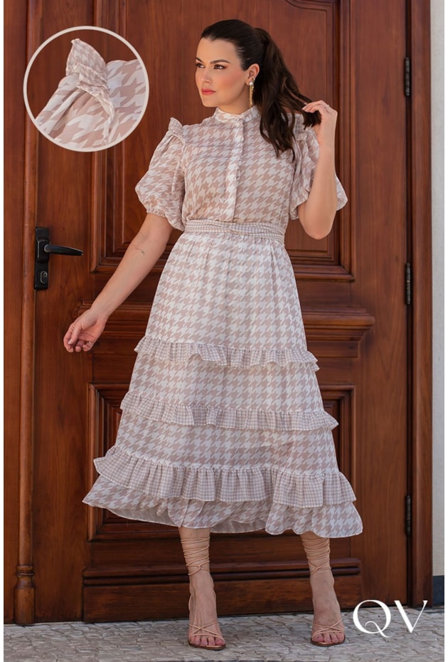 VESTIDO CHIFFON PIED DE POULE OFF E NUDE - LUZIA FAZZOLLI