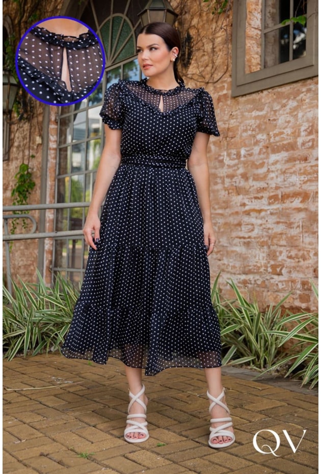 Luzia Fazzolli Vestido Tule Preto Longo Vestido Chiffon Poá Com