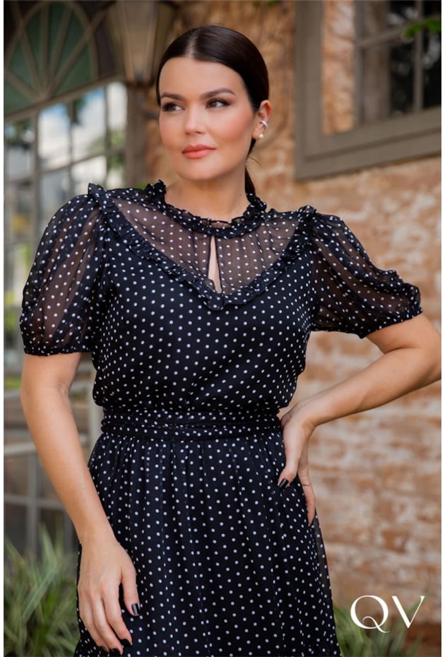 VESTIDO CHIFFON POÁ COM BABADINHOS PRETO - LUZIA FAZZOLLI VESTIDO CHIFFON POÁ COM BABADINHOS PRETO - LUZIA FAZZOLLI