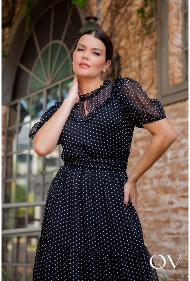 VESTIDO CHIFFON POÁ COM BABADINHOS PRETO - LUZIA FAZZOLLI VESTIDO CHIFFON POÁ COM BABADINHOS PRETO - LUZIA FAZZOLLI