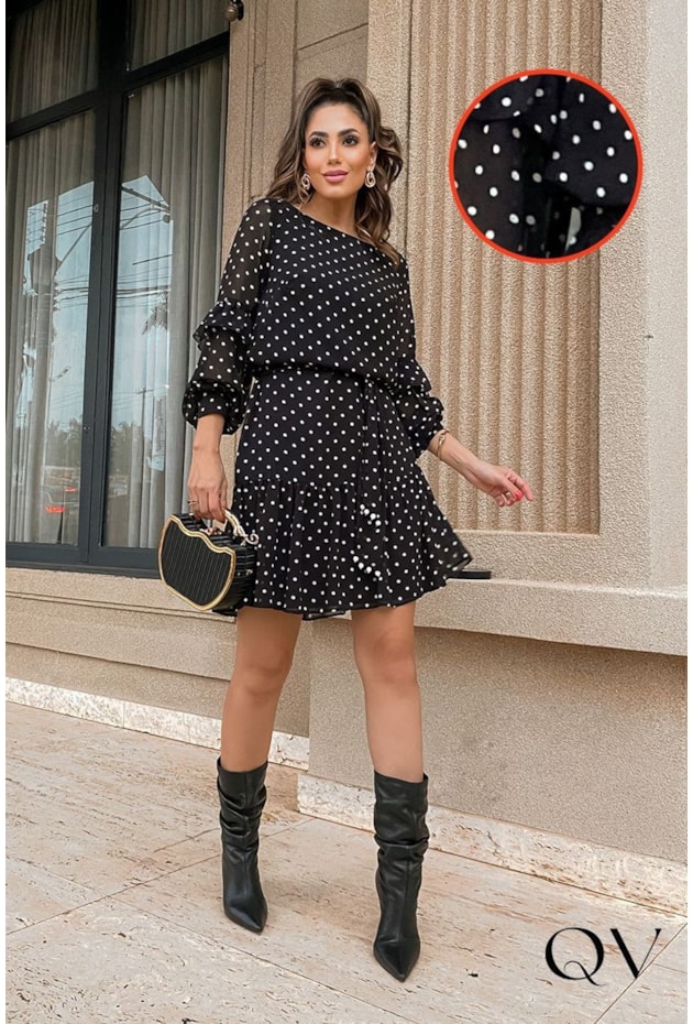 VESTIDO CHIFFON POÁ COM FAIXA PRETO - LUZIA FAZZOLLI VESTIDO CHIFFON POÁ COM FAIXA PRETO - LUZIA FAZZOLLI