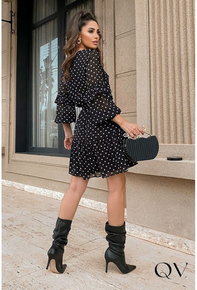 VESTIDO CHIFFON POÁ COM FAIXA PRETO - LUZIA FAZZOLLI VESTIDO CHIFFON POÁ COM FAIXA PRETO - LUZIA FAZZOLLI