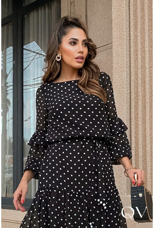 VESTIDO CHIFFON POÁ COM FAIXA PRETO - LUZIA FAZZOLLI VESTIDO CHIFFON POÁ COM FAIXA PRETO - LUZIA FAZZOLLI