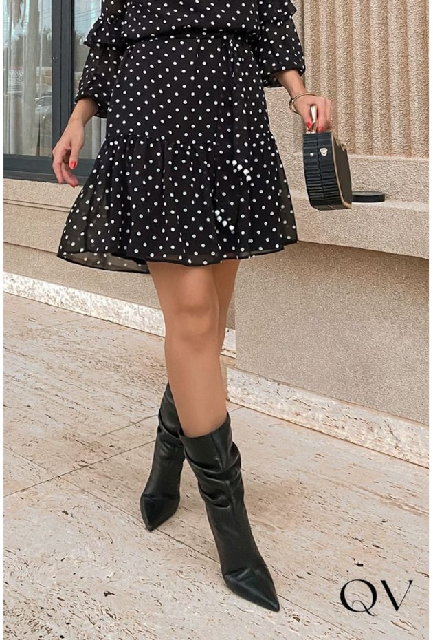 VESTIDO CHIFFON POÁ COM FAIXA PRETO - LUZIA FAZZOLLI VESTIDO CHIFFON POÁ COM FAIXA PRETO - LUZIA FAZZOLLI