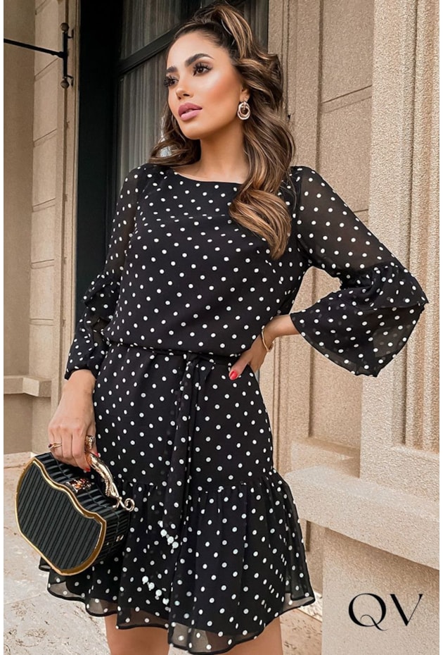 VESTIDO CHIFFON POÁ COM FAIXA PRETO - LUZIA FAZZOLLI VESTIDO CHIFFON POÁ COM FAIXA PRETO - LUZIA FAZZOLLI