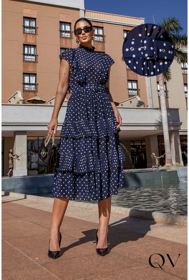 Vestido Chiffon Poá Marinho Luzia Fazzolli QVestido Moda