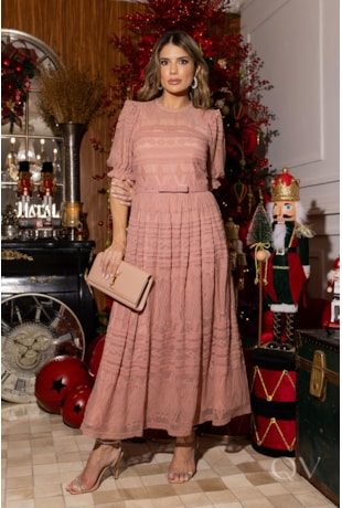 VESTIDO CINTO LAÇO EM TULE BORDADO ROSÊ - LUZIA FAZZOLLI