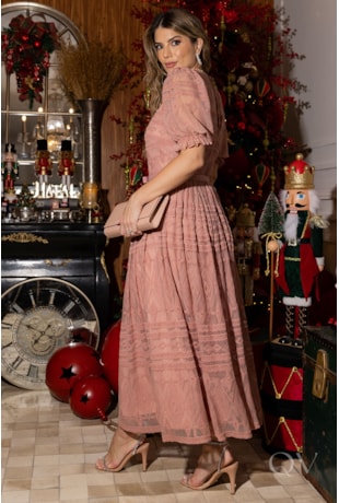 VESTIDO CINTO LAÇO EM TULE BORDADO ROSÊ - LUZIA FAZZOLLI