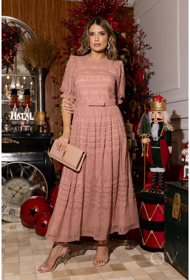 VESTIDO CINTO LAÇO EM TULE BORDADO ROSÊ - LUZIA FAZZOLLI