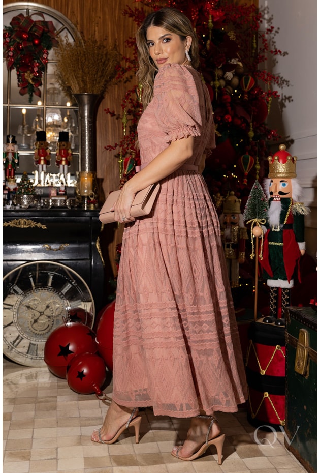 VESTIDO CINTO LAÇO EM TULE BORDADO ROSÊ - LUZIA FAZZOLLI
