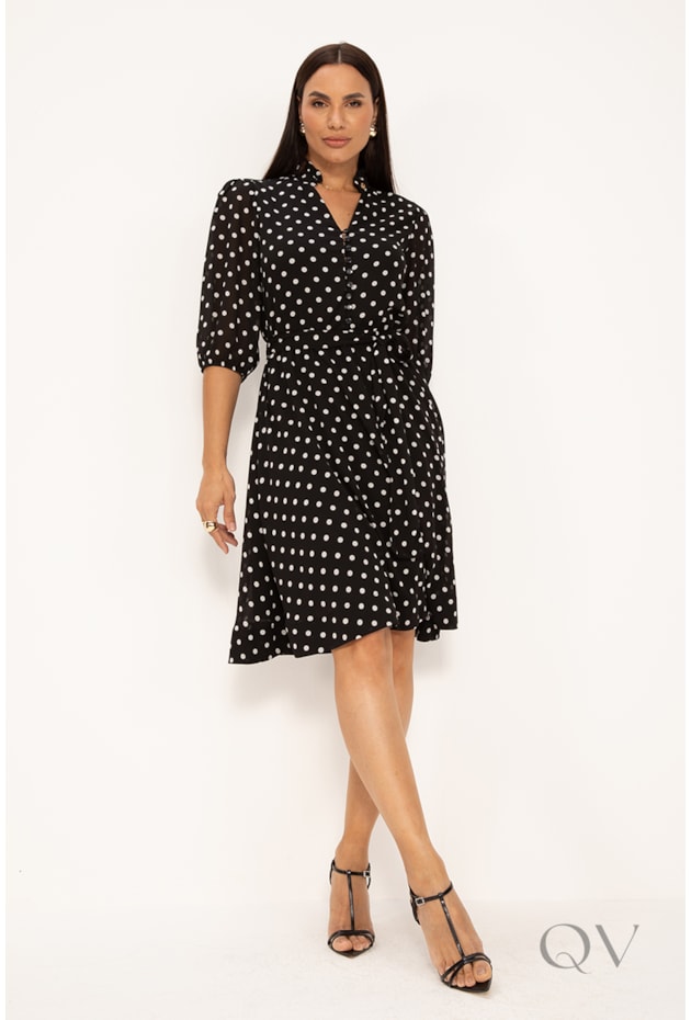 VESTIDO CLÁSSICO ACINTURADO EM CHIFFON P&B - LEKAZIS