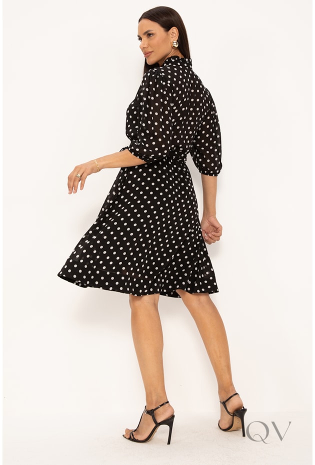 VESTIDO CLÁSSICO ACINTURADO EM CHIFFON P&B - LEKAZIS