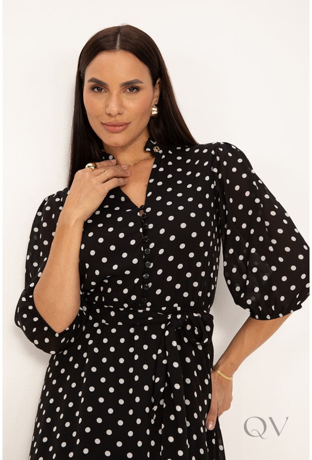 VESTIDO CLÁSSICO ACINTURADO EM CHIFFON P&B - LEKAZIS