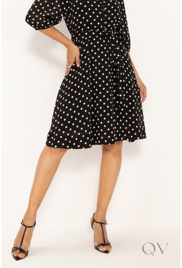VESTIDO CLÁSSICO ACINTURADO EM CHIFFON P&B - LEKAZIS