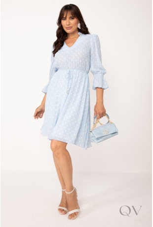 VESTIDO CLÁSSICO COM POÁS EM CHIFON PLISSADO AZUL - LEKAZIS