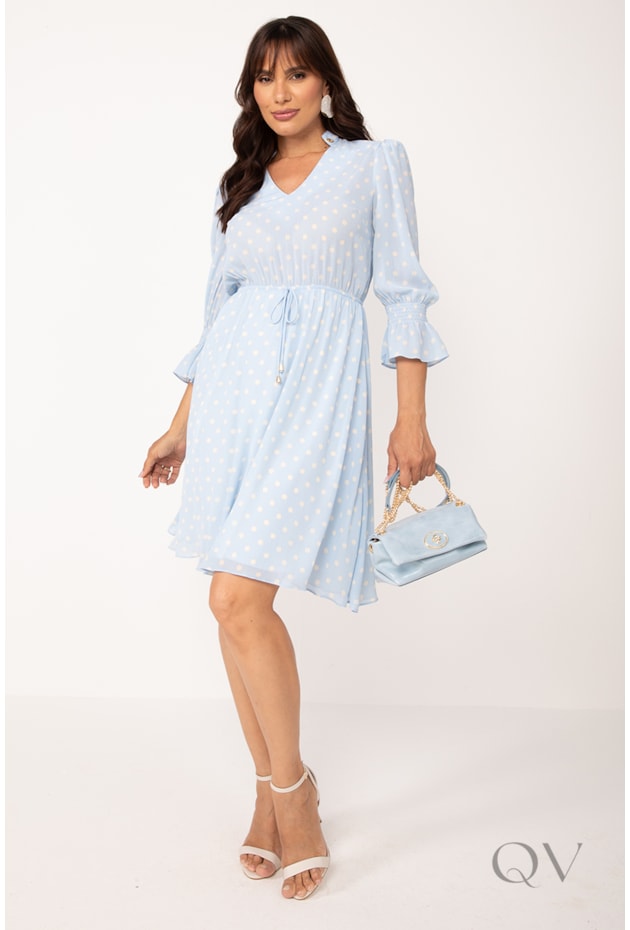 VESTIDO CLÁSSICO COM POÁS EM CHIFON PLISSADO AZUL - LEKAZIS
