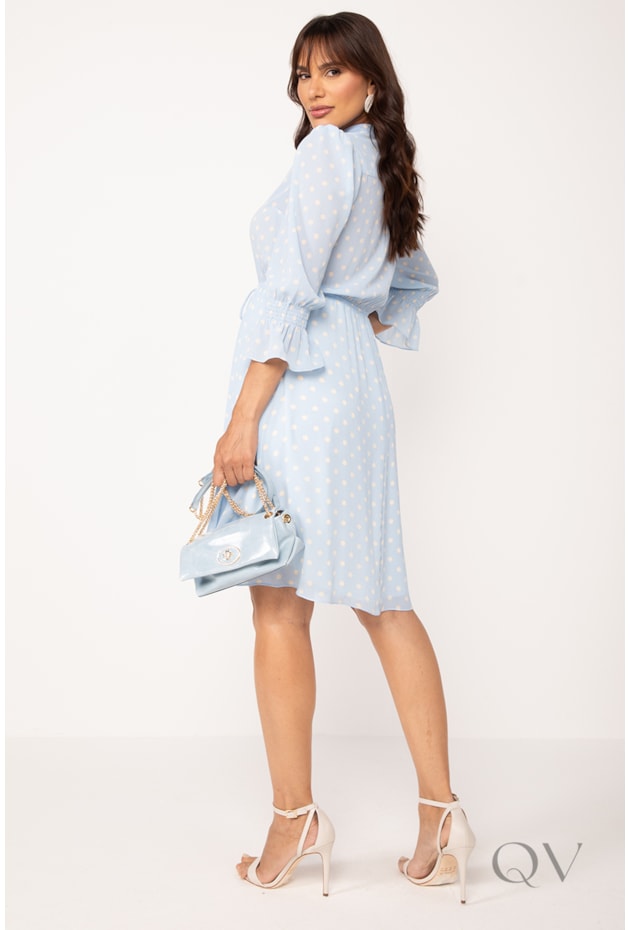 VESTIDO CLÁSSICO COM POÁS EM CHIFON PLISSADO AZUL - LEKAZIS