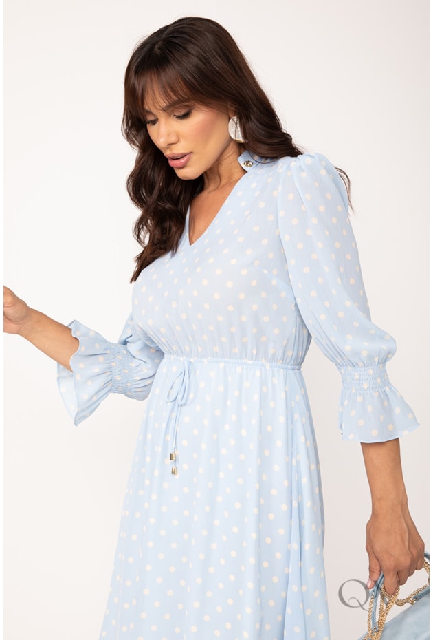 VESTIDO CLÁSSICO COM POÁS EM CHIFON PLISSADO AZUL - LEKAZIS