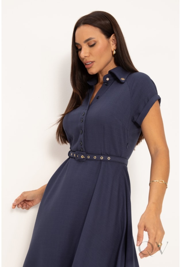 VESTIDO CLÁSSICO GODÊ EM VISCOSE FRANCESA AZUL MARINHO - LEKAZIS