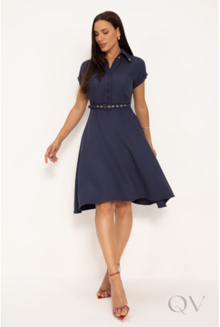 VESTIDO CLÁSSICO GODÊ EM VISCOSE FRANCESA AZUL MARINHO - LEKAZIS