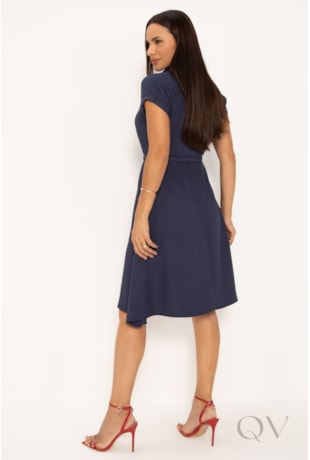 VESTIDO CLÁSSICO GODÊ EM VISCOSE FRANCESA AZUL MARINHO - LEKAZIS