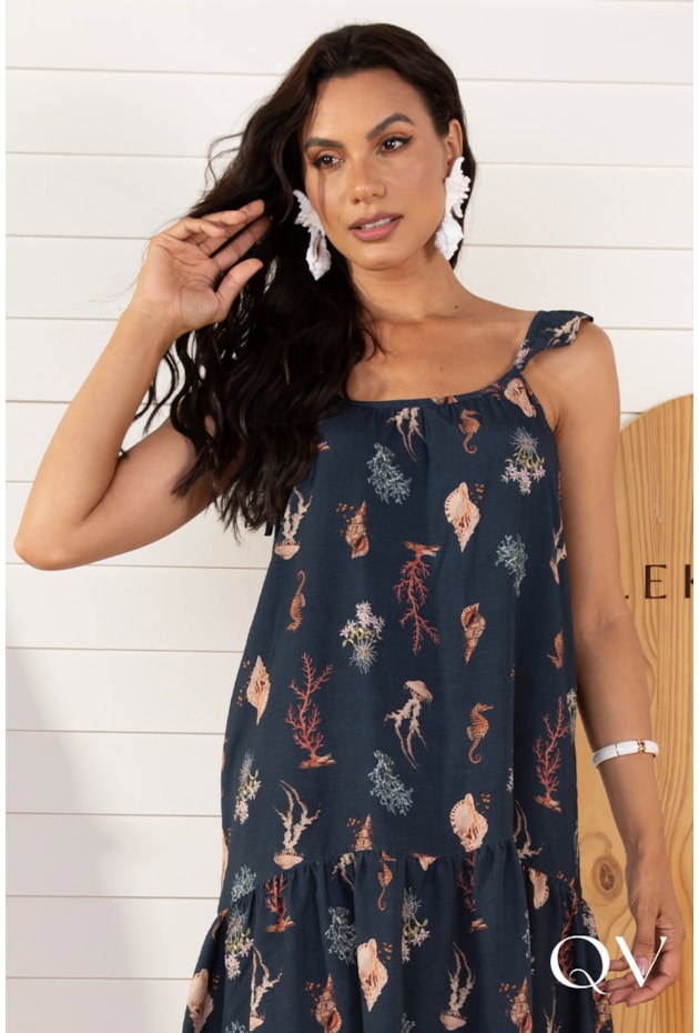 VESTIDO COM ALÇAS ESTAMPADO MARINHO - LEKAZIS