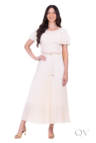 VESTIDO COM BABADOS E PLISSADO EM TECIDO PLANO DE POLIÉSTER CREME - HAPUK