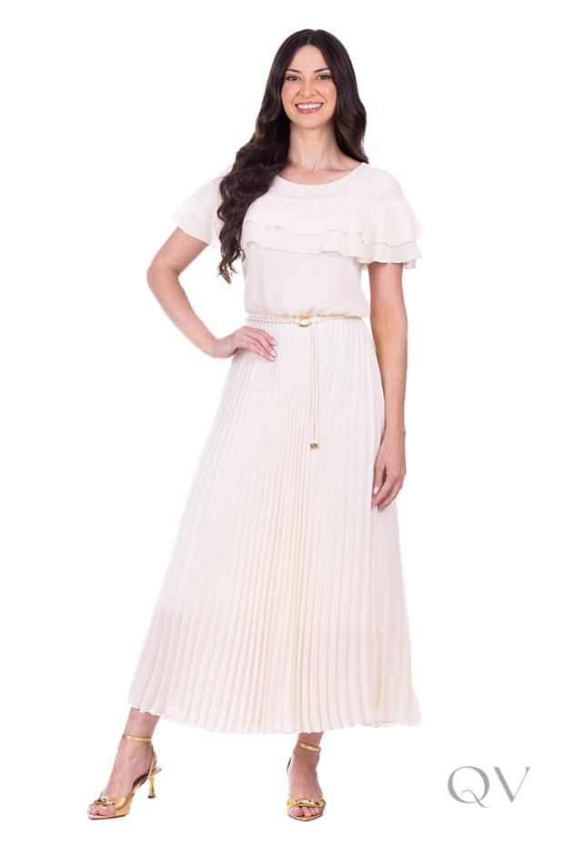 VESTIDO COM BABADOS E PLISSADO EM TECIDO PLANO DE POLIÉSTER CREME - HAPUK