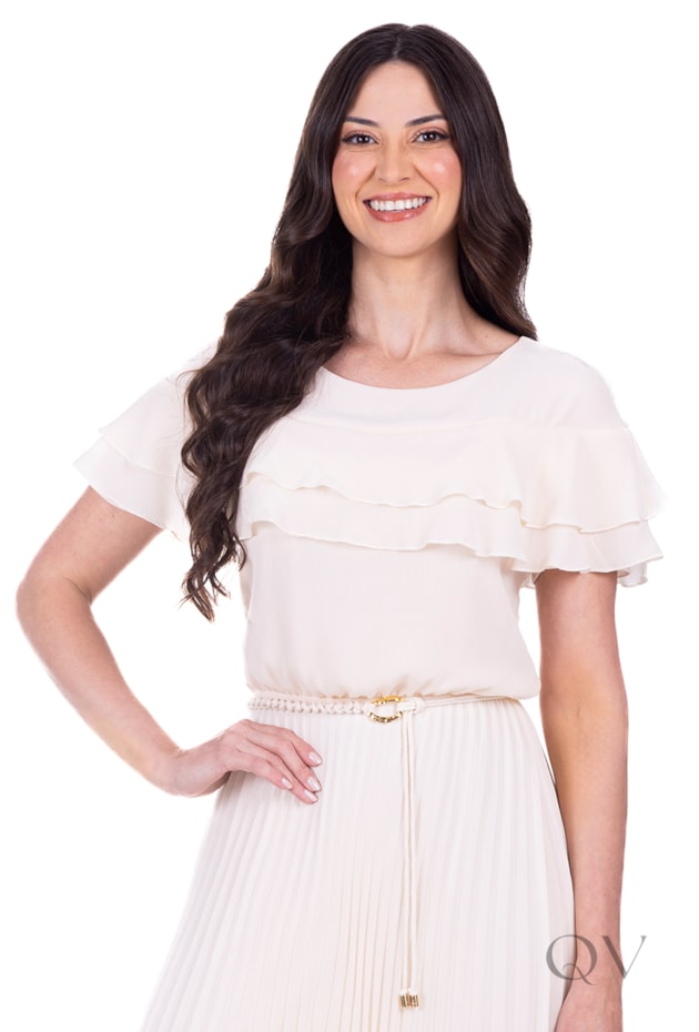 VESTIDO COM BABADOS E PLISSADO EM TECIDO PLANO DE POLIÉSTER CREME - HAPUK