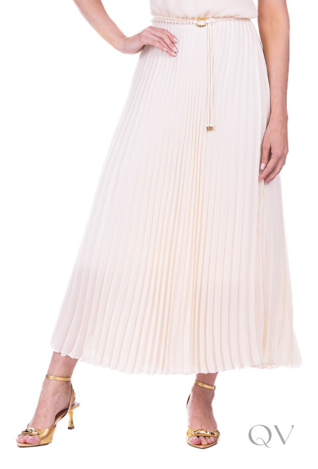 VESTIDO COM BABADOS E PLISSADO EM TECIDO PLANO DE POLIÉSTER CREME - HAPUK