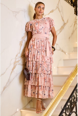 VESTIDO COM BABADOS EM TULE ESTAMPADO - LUZIA FAZZOLLI