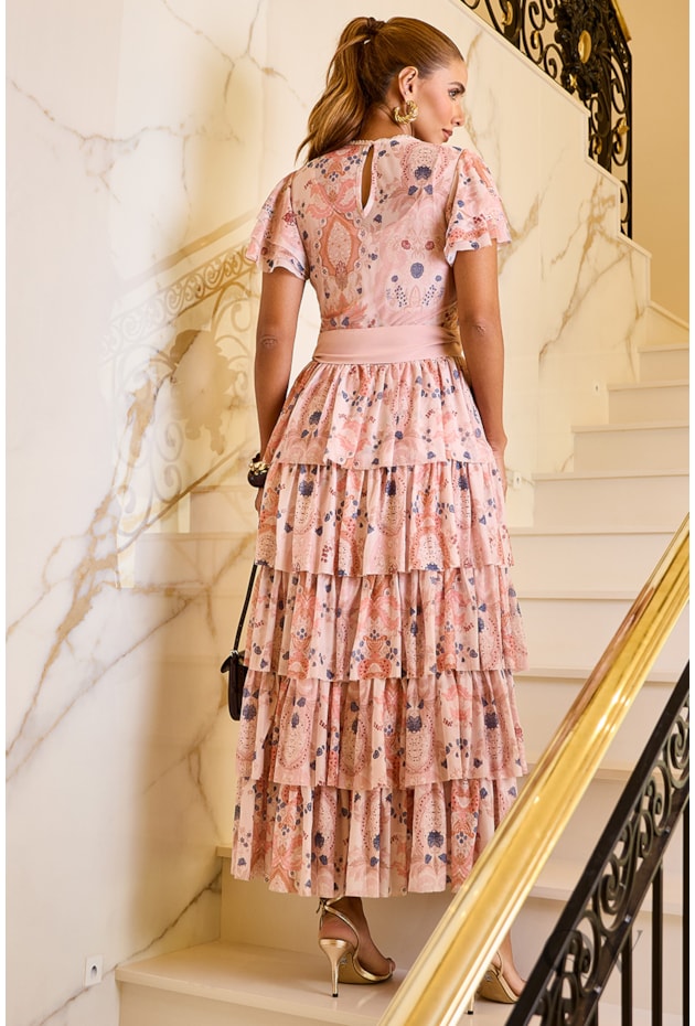 VESTIDO COM BABADOS EM TULE ESTAMPADO - LUZIA FAZZOLLI