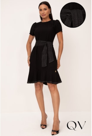 VESTIDO COM BARRA PEPLUM PESPONTADA EM VISCOSE PRETO - LEKAZIS