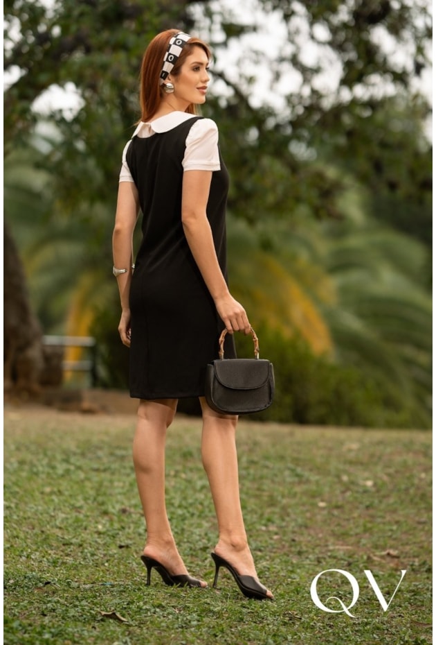 VESTIDO COM BLUSA EM NEOCREPE E SEDA PRETO - JANY PIM