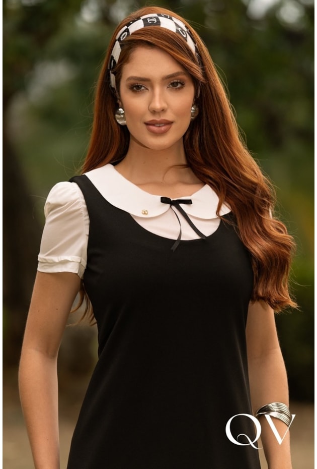 VESTIDO COM BLUSA EM NEOCREPE E SEDA PRETO - JANY PIM