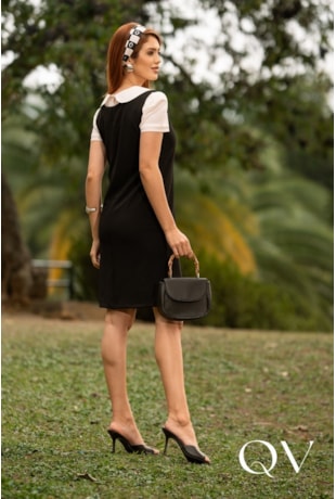 VESTIDO COM BLUSA EM NEOCREPE E SEDA PRETO - JANY PIM
