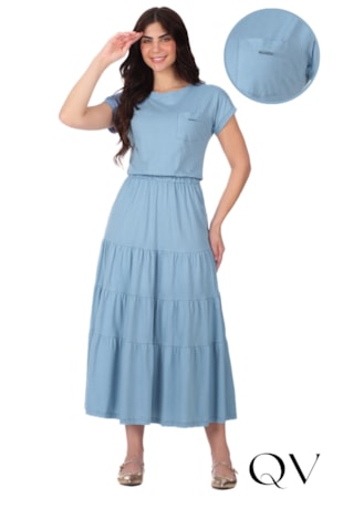 VESTIDO COM BOLSO FRONTAL EM MALHA DE ALGODÃO AZUL - HAPUK