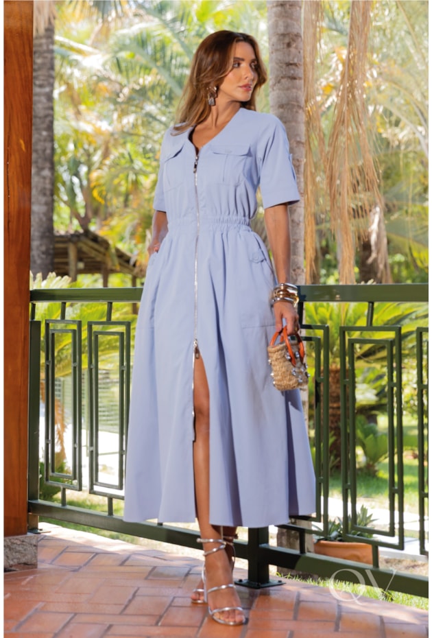 VESTIDO COM BOLSOS EM SARJA AZUL - LUZIA FAZZOLLI