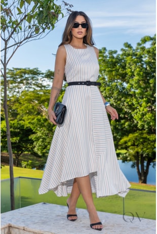 VESTIDO COM CINTO EM ALFAIATARIA LISTRADO - LUZIA FAZZOLLI