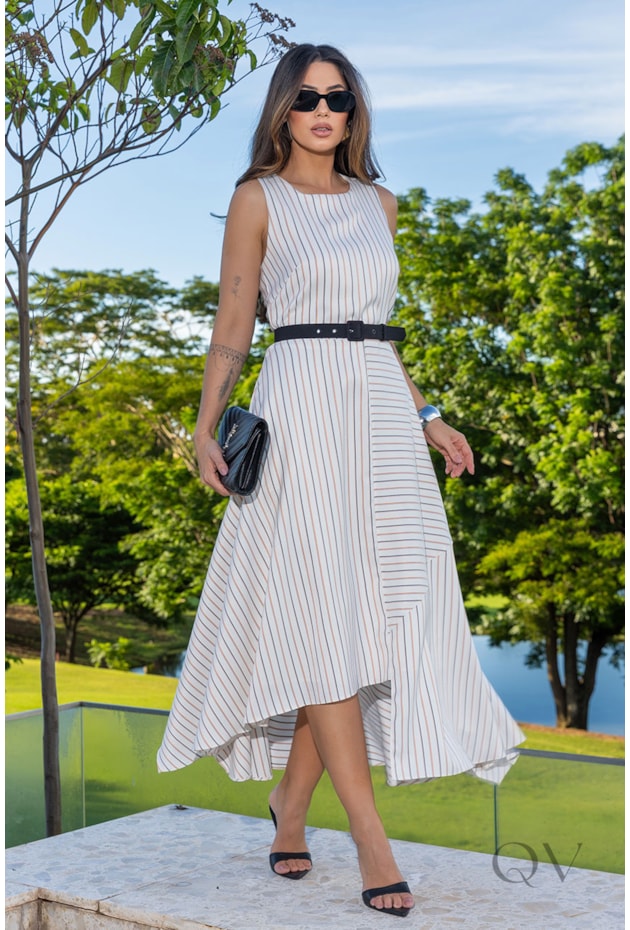 VESTIDO COM CINTO EM ALFAIATARIA LISTRADO - LUZIA FAZZOLLI