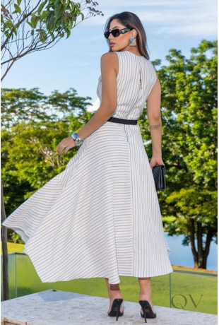 VESTIDO COM CINTO EM ALFAIATARIA LISTRADO - LUZIA FAZZOLLI