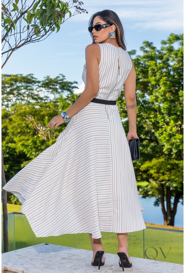 VESTIDO COM CINTO EM ALFAIATARIA LISTRADO - LUZIA FAZZOLLI