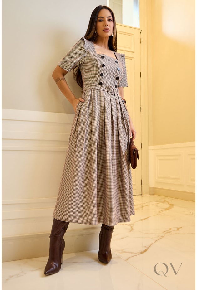 VESTIDO COM CINTO EM ALFAIATARIA XADREZ - LUZIA FAZZOLLI