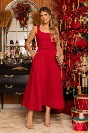 VESTIDO COM CINTO EM JACQUARD VERMELHO - LUZIA FAZZOLLI