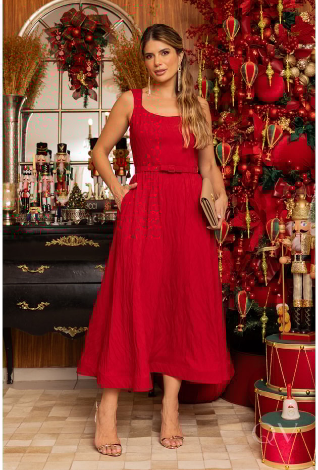 VESTIDO COM CINTO EM JACQUARD VERMELHO - LUZIA FAZZOLLI