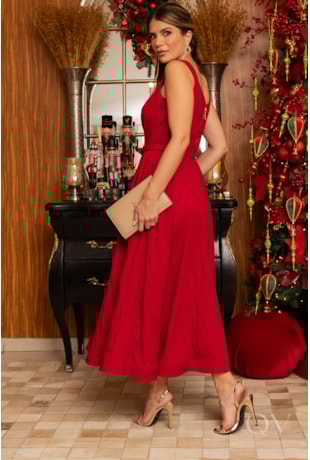 VESTIDO COM CINTO EM JACQUARD VERMELHO - LUZIA FAZZOLLI