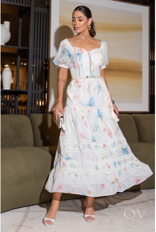 VESTIDO COM CINTO MACRAMÊ EM CHIFFON ESTAMPADO - LUZIA FAZZOLLI