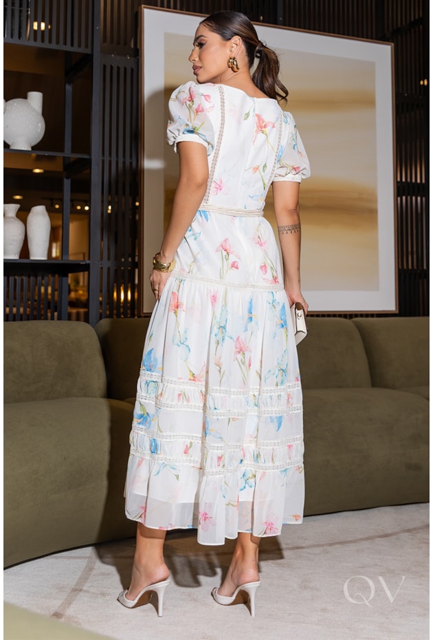 VESTIDO COM CINTO MACRAMÊ EM CHIFFON ESTAMPADO - LUZIA FAZZOLLI