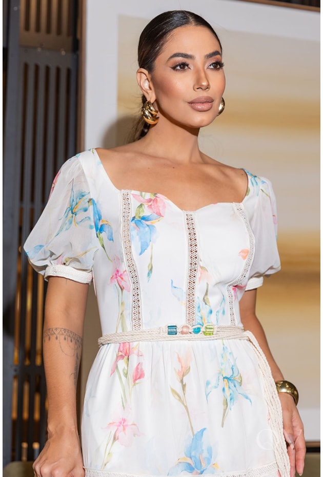 VESTIDO COM CINTO MACRAMÊ EM CHIFFON ESTAMPADO - LUZIA FAZZOLLI