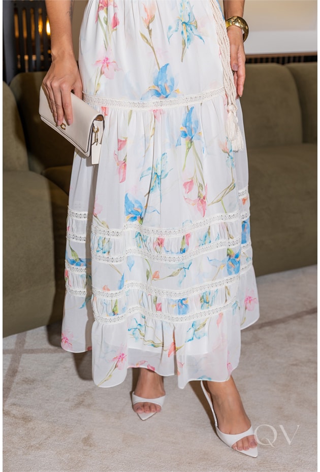 VESTIDO COM CINTO MACRAMÊ EM CHIFFON ESTAMPADO - LUZIA FAZZOLLI